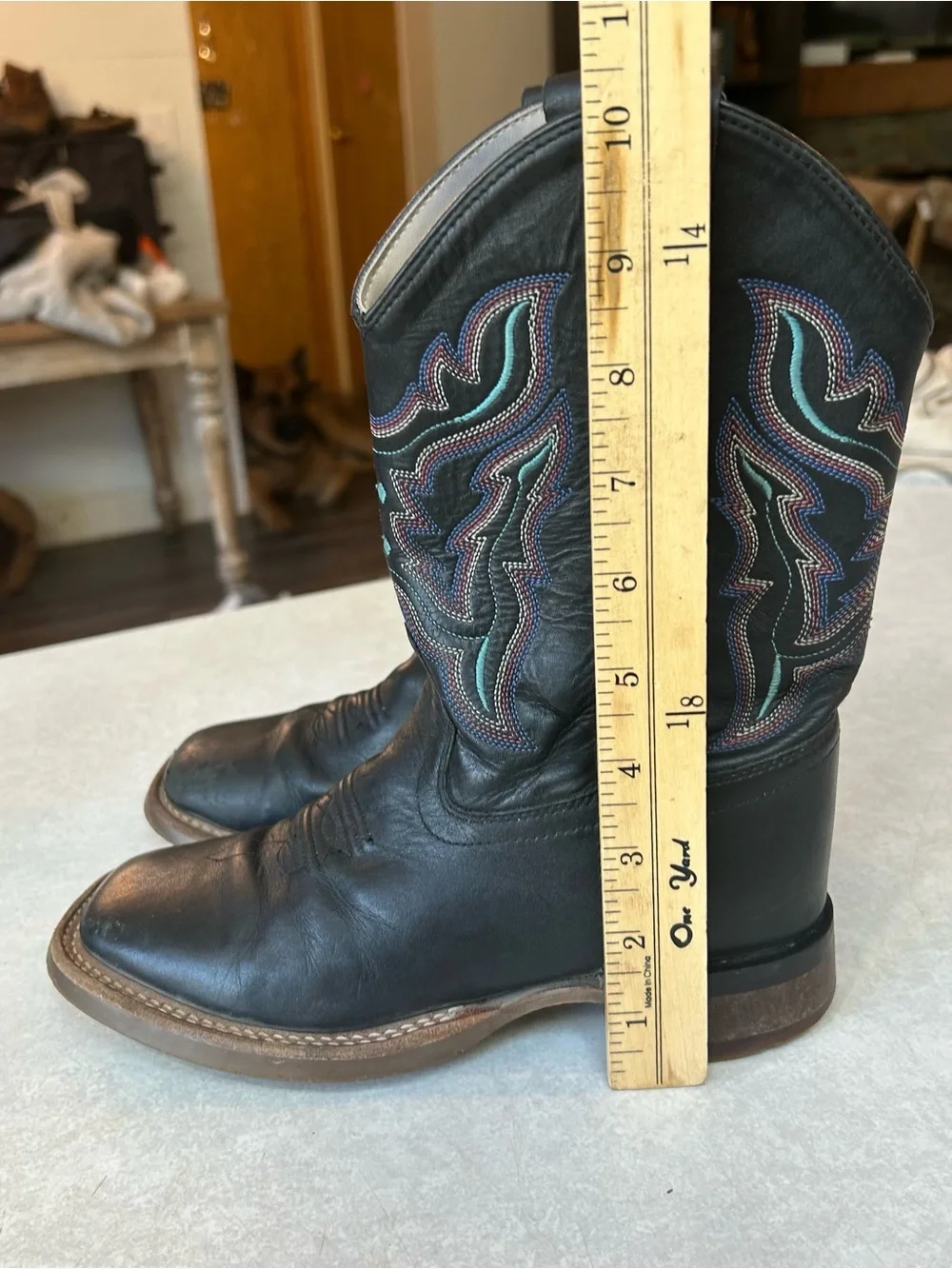 Old West Black Kids Western Boots Square Toe with Teal Accent Stitching